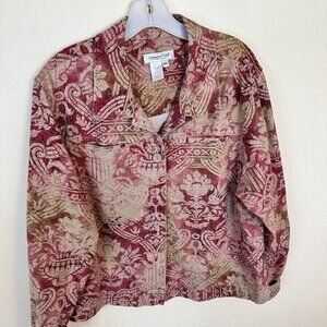 Womens 100% Cotton Lightweight Jacket Button Up Collar Tan & Burgundy XL Floral